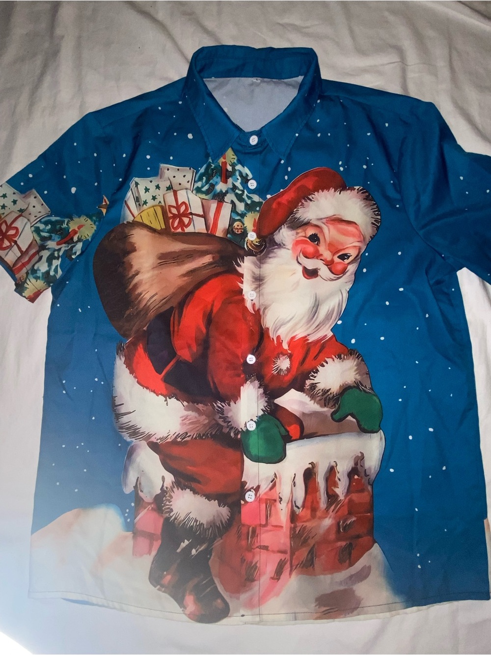 Men's Blue Santa Graphic Button-Down Shirt